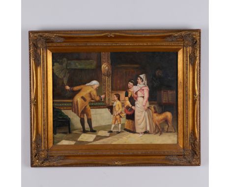 This charming oil on board painting captures a delightful 18th-century style genre scene. The composition depicts a gentleman