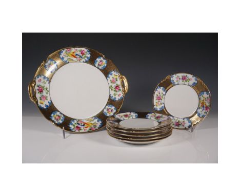 Elegant Noritake 7-piece fine china plate set featuring a floral and gilt design. The set includes six smaller plates and one