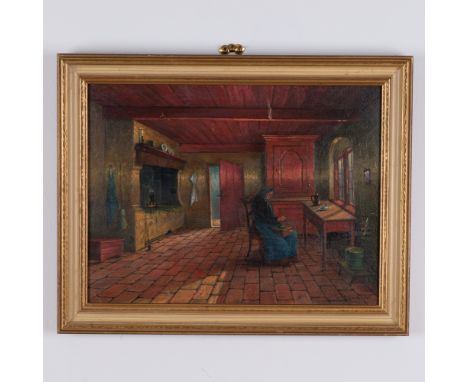This atmospheric oil on board genre scene by N. Philippsen depicts a quiet, rustic interior with rich detail and a warm, eart