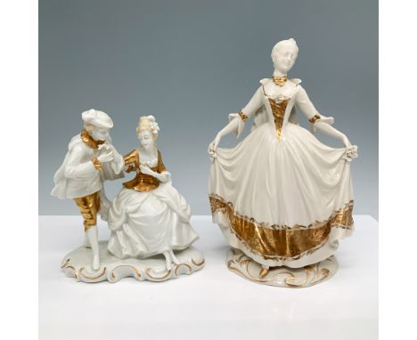 Elegant pair of German porcelain figurines featuring finely detailed Rococo-style figures with gilded accents. One piece depi