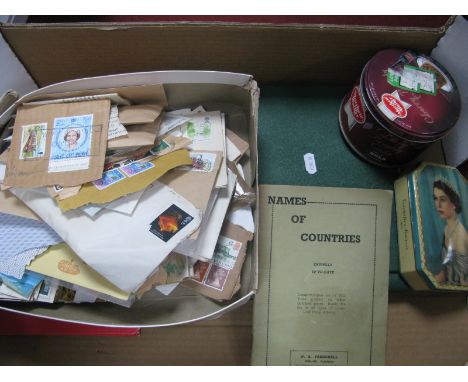 A Box of Used GB and World Stamps, in tins, boxes and an album plus a 1972 SG Commonwealth stamp catalogue.