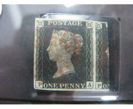 A Very Fine Used GB Queen Victoria 1840 Penny Black Stamp,  corner letters, P.A. four large margins and part of a joining sta