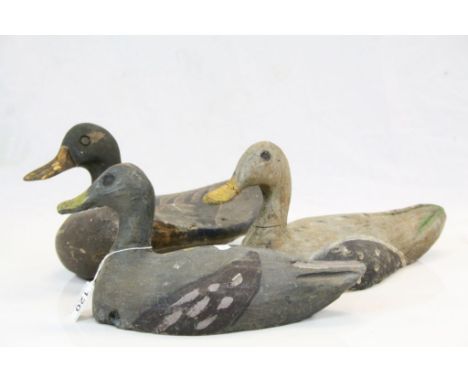 Three vintage Hand carved &amp; painted Wooden Decoy Ducks, Folk Art style, the largest approx 36cm long