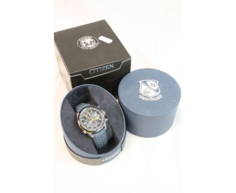 Boxed Gents Citizen Eco drive "Blue Angels" Chronograph wristwatch with original Leather strap in blue &amp; yellow with stai