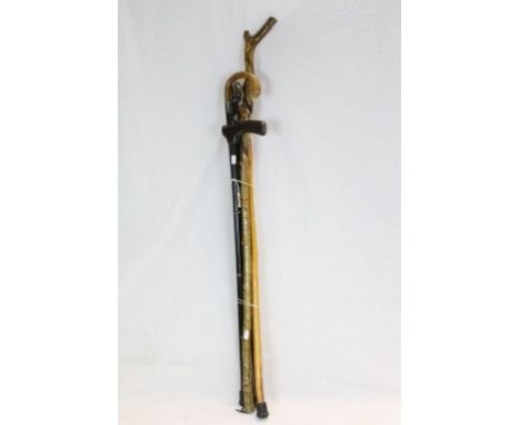 Group of walking sticks to include silver mounted walking stick with horn handle 