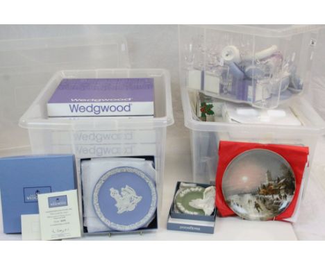 Three boxes of mainly Wedgewood ceramic Collectors Plates &amp; a box of mixed Ceramics &amp; Glass to include Wedgewood Jasp