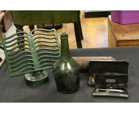 A box of mixed collectables to include a vintage brass pyrene fire extinguisher and a music stand.