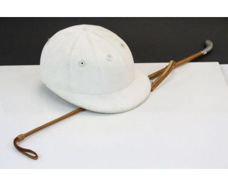 Vintage Canvas covered Polo hat &amp; Leather riding Crop with white metal knopp, crop approx 68cm long
