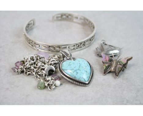 Hallmarked Silver bangle with Ankh design, "Miglic" white metal heart shaped pendant, boat pendant, Butterfly brooch with she