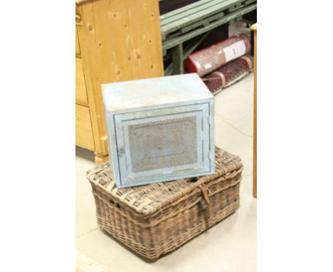 A vintage wicker basket together with a vintage meat safe.