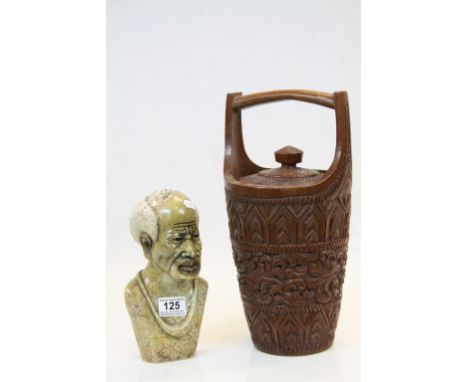 Heavily carved vintage African Soapstone Bust of an elderly Gentleman plus a Scandanavian Carved, Turned Wooden Bucket with h