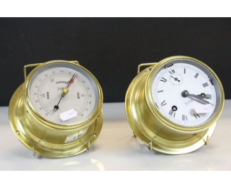 Brass framed Circular Barometer &amp; Key wind Clock, ship style with silvered dials marked "Sestrel, each approx 11.5cm diam