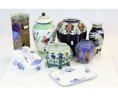 Seven vintage Frederick Rhead ceramic items to include Ginger jars &amp; vases