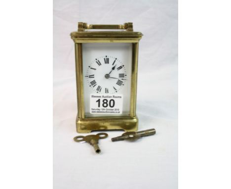 Key wind French Brass Carriage Clock with bevelled Glass panels &amp; Enamel Dial, measures approx 12 x 8 x 7cm &amp; comes w