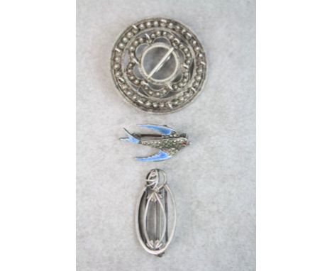 Three vintage Hallmarked Silver Brooches to include Norwegian &amp; a Swallow brooch with Enamel &amp; Marcasite