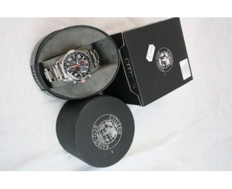 Boxed Gents Stainless steel Citizen Eco drive Chronograph wristwatch cal B612 with black dial &amp; three Sub Dials and red s