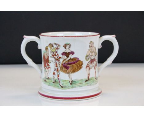 19th Century Transfer printed twin handled ceramic Loving cup by "Elsmore &amp; Forster" depicting Humorous scenes including 