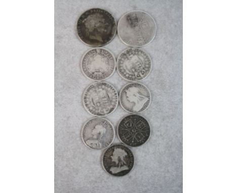 Mixed vintage UK Silver coinage to include George III Crown, Victorian double Florin, three half Crowns &amp; Four Florins