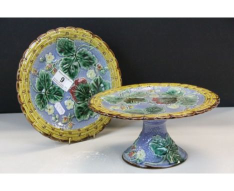 Majolica ceramic Cake stand with Floral design and matching Plate, each approx 22cm diameter