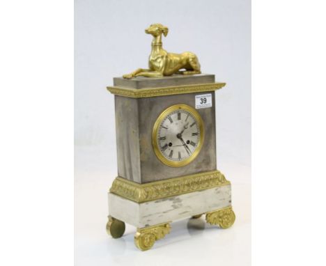 Vintage Brass &amp; white metal Striking Mantle Clock with Greyhound finial and partly obscured makers marks to the silvered 