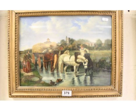 Oil on panel scene country folk with horses and cart at Harvest, signed 