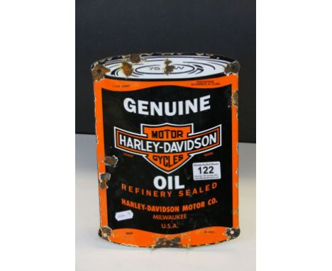 Enamel Advertising sign in orange, black &amp; white for "Harley Davidson Motorcycle Oil", measures approx 28 x 19.5cm