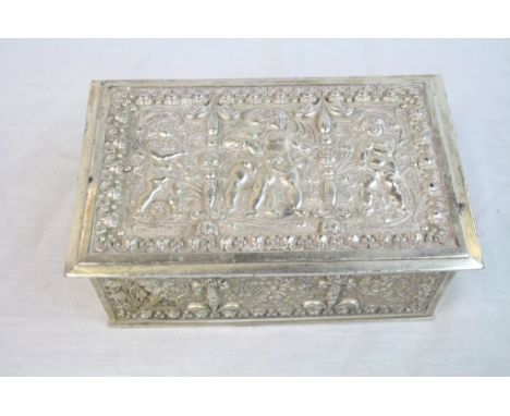 White metal box with embossed Neo Classical decoration and a similar compact with figures 