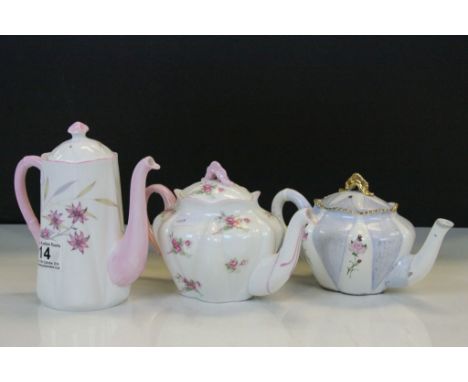 Three Shelley ceramic Tea &amp; Coffee pots in "Dainty" designs, tallest approx 15cm