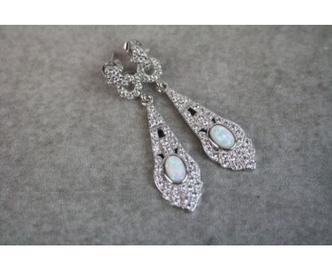 Pair of silver CZ and opal drop earrings 