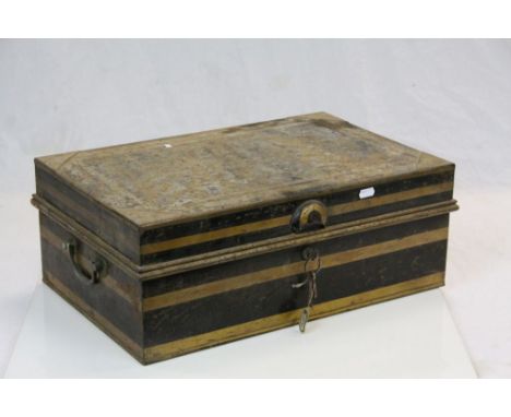 Large 19th Century fitted tin trunk with makers label for "Spencer and Co ltd Madras" fitted with original brass "Chubb's Det