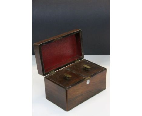 19th Century Rosewood veneer Tea Caddy with two Silvered internal compartments with lids &amp; Brass handles, box measures ap