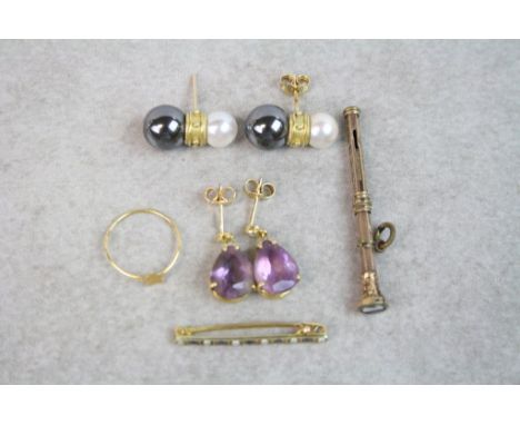 Pair of Amethyst &amp; yellow metal earrings, Hallmarked 9ct Gold bar brooch with Seed Pearls &amp; Sapphires, Yellow metal s