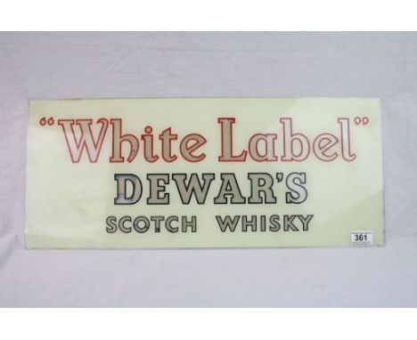 A Dewar's "White Label" scotch whisky glass advertising panel. Measures approx 63cm x 26cm.