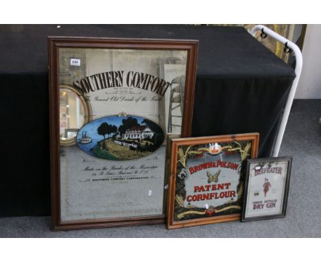 Three Framed Advertising Mirrors - Southern Comforrt, Beefeater Dry Gin and Brown &amp; Polson Cornflower ( largest 64cms x 8