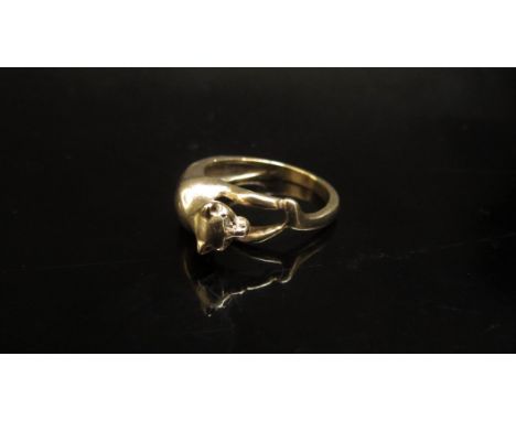 A 9ct gold ring as a wild cat with diamond set eyes. Size M, 4.5g 