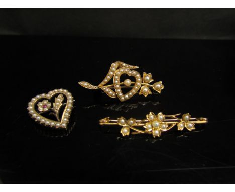 Three gold bar brooches all seed pearl set including heart shaped example, 11.6g 
