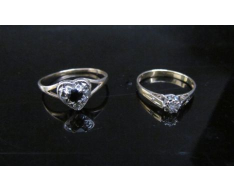 A 9ct gold rings one heart shaped sapphire and diamond, the other diamond in illusion setting. Size U and M, 2.8g 