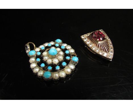 A seed pearl and turquoise pendant, unmarked (two pearls missing) and a white sapphire and red paste dress clip 