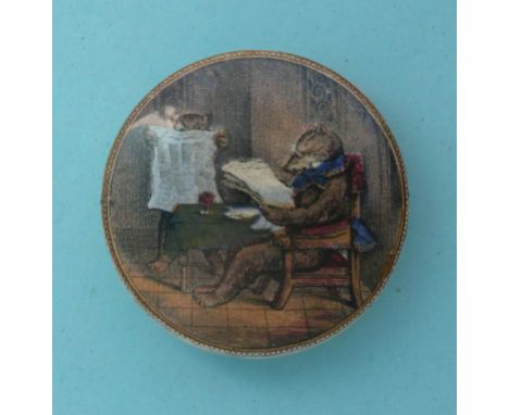 Bears Reading Newspapers (7) 75mm, tiny chip to bullnose at three o’clock # prattware, potlid(s), pot lid(s), bears grease