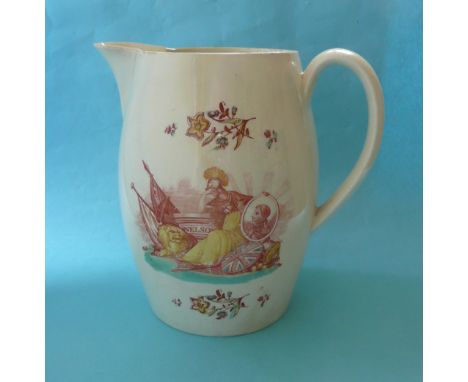 1805 Nelson in Memoriam: a rare creamware jug the ovoid body printed in brown and decorated in colours with a vignette of a g