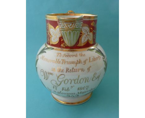 17th February 1807 Gordon’s Success for Worcester in the General Election: a fine Chamberlains Worcester jug inscribed in gil