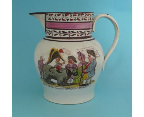 1803 Great Invasion Scare: a pearlware jug printed in brown and decorated in colours with a scene entitled ‘John Bull shewing