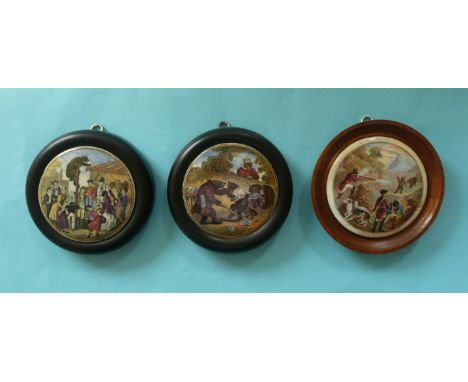The Bear Pit (6) Bears at School (9) Shooting Bears (13) each framed (3) # prattware, potlid(s), pot lid(s)