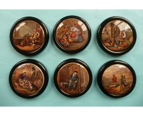 Six figural lids each with matching frame (6) # prattware, potlid(s), pot lid(s)