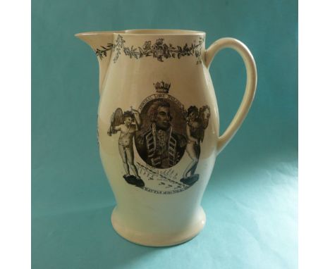 1798 Battle of the Nile and Nelson: a creamware jug the bellied body printed in black with a named portrait above the battle 