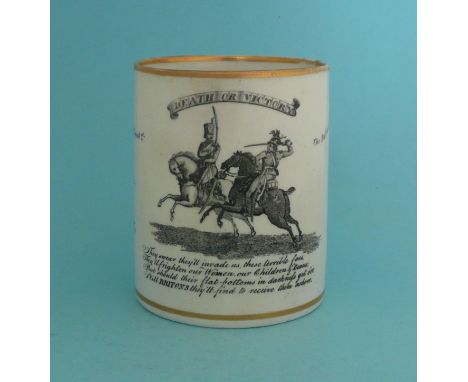 1803 Great Invasion Scare: a porcelain mug, possibly Worcester, printed in black with a scene entitled ‘Death or Victory’ abo