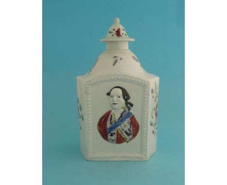 George III and Queen Charlotte: a creamware tea caddy with domed cover, the hexagonal body moulded with half-length portraits