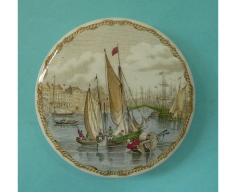 River Scene with Boat, RW (61) # prattware, potlid(s), pot lid(s)