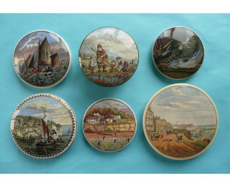 Shrimpers (63) malachite flange, hairline crack, with matching base, Nelson Crescent (43) and four Pegwell Bay lids (7)# prat
