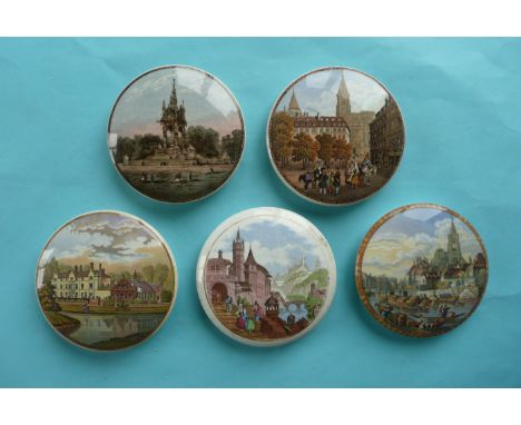 Albert Memorial (190) and four lids featuring buildings (5) # prattware, potlid(s), pot lid(s)